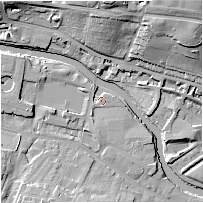 Shaded relief map of the ground around BA23FQ, computed from Environment Agency LiDAR. The ground here sits at about 19 m above sea level and falls 34 m across the surrounding 800 m. Surface water reaching this point runs off ground lying to the south, 2.3 m higher.