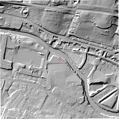 Shaded relief map of the ground around BA23FR, computed from Environment Agency LiDAR. The ground here sits at about 19 m above sea level and falls 34 m across the surrounding 800 m. Surface water reaching this point runs off ground lying to the south-east, 5.8 m higher.
