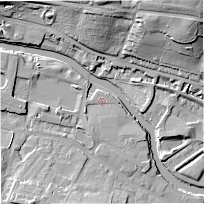 Shaded relief map of the ground around BA23FS, computed from Environment Agency LiDAR. The ground here sits at about 19 m above sea level and falls 33 m across the surrounding 800 m. Surface water reaching this point runs off ground lying to the south-south-west, 2.3 m higher.