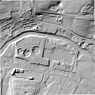 Shaded relief map of the ground around BA23FT, computed from Environment Agency LiDAR. The ground here sits at about 20 m above sea level and falls 32 m across the surrounding 800 m. Surface water reaching this point runs off ground lying to the south-south-west, 11.0 m higher.