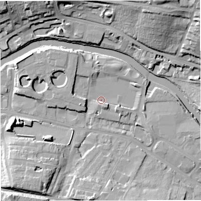 Shaded relief map of the ground around BA23FW, computed from Environment Agency LiDAR. The ground here sits at about 18 m above sea level and falls 25 m across the surrounding 800 m. Surface water reaching this point runs off ground lying to the south-west, 11.7 m higher.