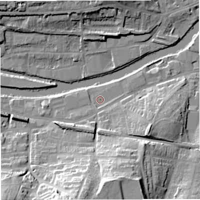 Shaded relief map of the ground around BA23FX, computed from Environment Agency LiDAR. The ground here sits at about 19 m above sea level and falls 34 m across the surrounding 800 m. Surface water reaching this point runs off ground lying to the south, 1.2 m higher.