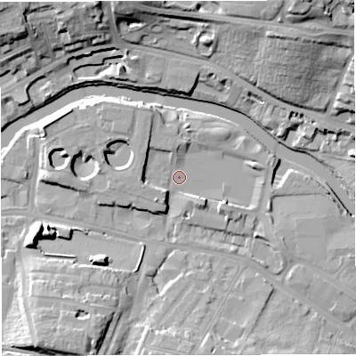 Shaded relief map of the ground around BA23GA, computed from Environment Agency LiDAR. The ground here sits at about 18 m above sea level and falls 28 m across the surrounding 800 m. Surface water reaching this point runs off ground lying to the south-south-west, 11.7 m higher.