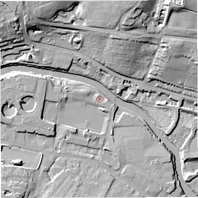 Shaded relief map of the ground around BA23GG, computed from Environment Agency LiDAR. The ground here sits at about 19 m above sea level and falls 37 m across the surrounding 800 m. Surface water reaching this point runs off ground lying to the west-north-west, 2.4 m higher.