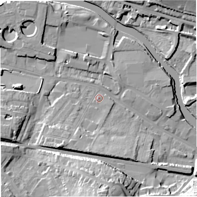Shaded relief map of the ground around BA23GH, computed from Environment Agency LiDAR. The ground here sits at about 20 m above sea level and falls 27 m across the surrounding 800 m. Surface water reaching this point runs off ground lying to the south, 10.0 m higher.