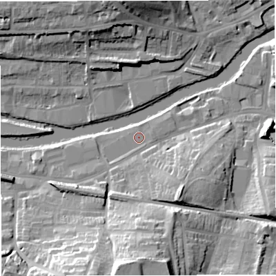 Shaded relief map of the ground around BA23GL, computed from Environment Agency LiDAR. The ground here sits at about 19 m above sea level and falls 30 m across the surrounding 800 m. Surface water reaching this point runs off ground lying to the south, 23.2 m higher.