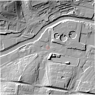 Shaded relief map of the ground around BA23GQ, computed from Environment Agency LiDAR. The ground here sits at about 18 m above sea level and falls 27 m across the surrounding 800 m. Surface water reaching this point runs off ground lying to the south-west, 13.6 m higher.