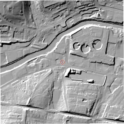 Shaded relief map of the ground around BA23GR, computed from Environment Agency LiDAR. The ground here sits at about 18 m above sea level and falls 27 m across the surrounding 800 m. Surface water reaching this point runs off ground lying to the south-west, 13.8 m higher.