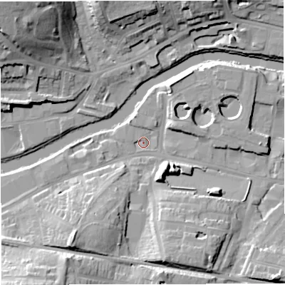 Shaded relief map of the ground around BA23GS, computed from Environment Agency LiDAR. The ground here sits at about 18 m above sea level and falls 27 m across the surrounding 800 m. Surface water reaching this point runs off ground lying to the south-west, 13.8 m higher.