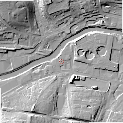 Shaded relief map of the ground around BA23GT, computed from Environment Agency LiDAR. The ground here sits at about 18 m above sea level and falls 29 m across the surrounding 800 m. Surface water reaching this point runs off ground lying to the north-north-east, 1.4 m higher.