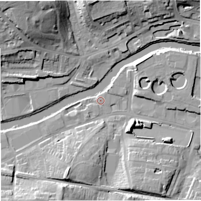 Shaded relief map of the ground around BA23GU, computed from Environment Agency LiDAR. The ground here sits at about 18 m above sea level and falls 29 m across the surrounding 800 m. Surface water reaching this point runs off ground lying to the south-south-west, 13.8 m higher.
