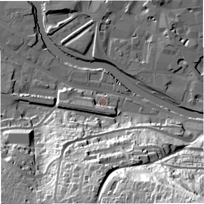 Shaded relief map of the ground around BA23GX, computed from Environment Agency LiDAR. The ground here sits at about 20 m above sea level and falls 98 m across the surrounding 800 m. Surface water reaching this point runs off ground lying to the south-west, 28.1 m higher.