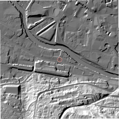 Shaded relief map of the ground around BA23GZ, computed from Environment Agency LiDAR. The ground here sits at about 18 m above sea level and falls 79 m across the surrounding 800 m. Surface water reaching this point runs off ground lying to the south-south-west, 43.7 m higher.