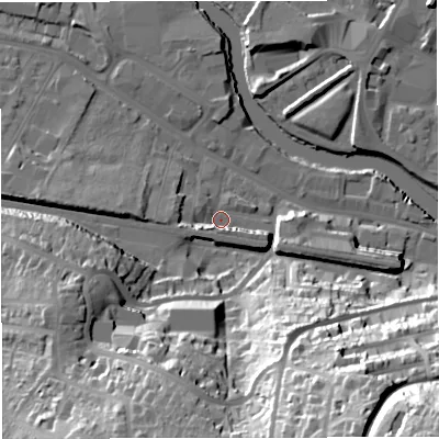 Shaded relief map of the ground around BA23HD, computed from Environment Agency LiDAR. The ground here sits at about 20 m above sea level and falls 70 m across the surrounding 800 m. Surface water reaching this point runs off ground lying to the west-south-west, 6.8 m higher.