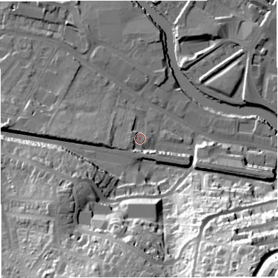 Shaded relief map of the ground around BA23HE, computed from Environment Agency LiDAR. The ground here sits at about 22 m above sea level and falls 64 m across the surrounding 800 m. Surface water reaching this point runs off ground lying to the south-south-west, 5.4 m higher.