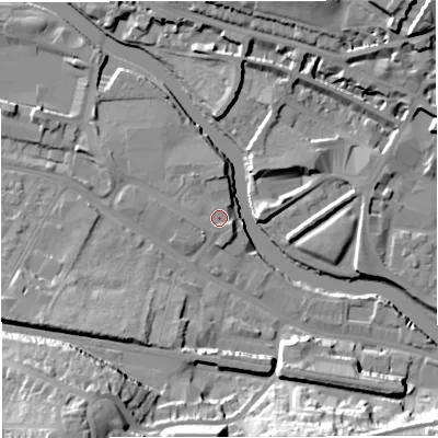 Shaded relief map of the ground around BA23QS, computed from Environment Agency LiDAR. The ground here sits at about 20 m above sea level and falls 27 m across the surrounding 800 m. Surface water reaching this point runs off ground lying to the south, 0.7 m higher.