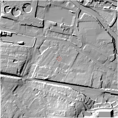 Shaded relief map of the ground around BA23QU, computed from Environment Agency LiDAR. The ground here sits at about 22 m above sea level and falls 27 m across the surrounding 800 m. Surface water reaching this point runs off ground lying to the south-south-west, 9.4 m higher.
