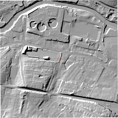 Shaded relief map of the ground around BA23RF, computed from Environment Agency LiDAR. The ground here sits at about 21 m above sea level and falls 24 m across the surrounding 800 m. Surface water reaching this point runs off ground lying to the south-west, 9.6 m higher.