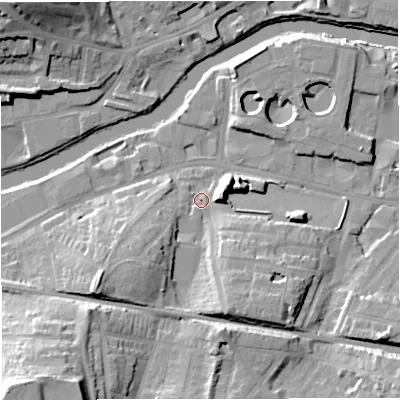 Shaded relief map of the ground around BA23RP, computed from Environment Agency LiDAR. The ground here sits at about 20 m above sea level and falls 29 m across the surrounding 800 m. Surface water reaching this point runs off ground lying to the south-west, 11.1 m higher.