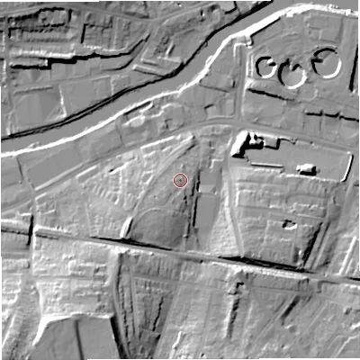 Shaded relief map of the ground around BA23RT, computed from Environment Agency LiDAR. The ground here sits at about 25 m above sea level and falls 35 m across the surrounding 800 m. Surface water reaching this point runs off ground lying to the south-west, 4.9 m higher.