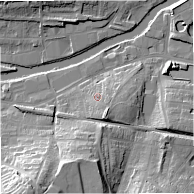 Shaded relief map of the ground around BA23RX, computed from Environment Agency LiDAR. The ground here sits at about 24 m above sea level and falls 37 m across the surrounding 800 m. Surface water reaching this point runs off ground lying to the south-east, 6.7 m higher.
