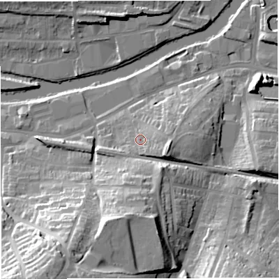 Shaded relief map of the ground around BA23RY, computed from Environment Agency LiDAR. The ground here sits at about 24 m above sea level and falls 38 m across the surrounding 800 m. Surface water reaching this point runs off ground lying to the east-south-east, 8.4 m higher.