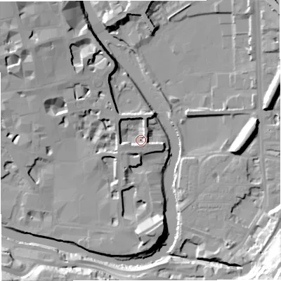 Shaded relief map of the ground around BA24AB, computed from Environment Agency LiDAR. The ground here sits at about 19 m above sea level and falls 33 m across the surrounding 800 m. Surface water reaching this point runs off ground lying to the west-south-west, 5.9 m higher.