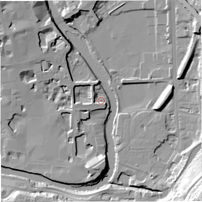 Shaded relief map of the ground around BA24AD, computed from Environment Agency LiDAR. The ground here sits at about 19 m above sea level and falls 40 m across the surrounding 800 m. Surface water reaching this point runs off ground lying to the west, 6.0 m higher.
