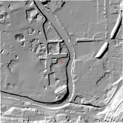 Shaded relief map of the ground around BA24AF, computed from Environment Agency LiDAR. The ground here sits at about 20 m above sea level and falls 40 m across the surrounding 800 m. Surface water reaching this point runs off ground lying to the north-west, 4.9 m higher.