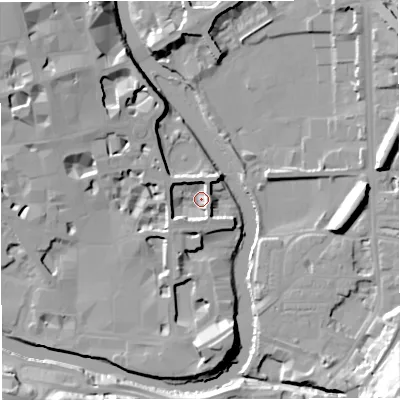 Shaded relief map of the ground around BA24AG, computed from Environment Agency LiDAR. The ground here sits at about 19 m above sea level and falls 28 m across the surrounding 800 m. Surface water reaching this point runs off ground lying to the south-west, 6.0 m higher.