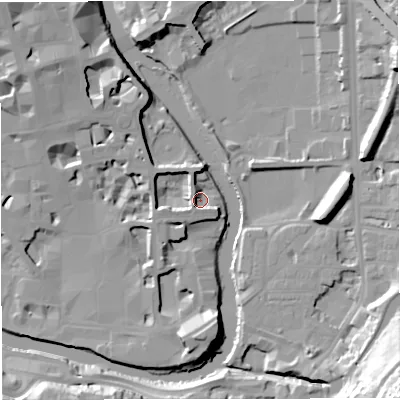 Shaded relief map of the ground around BA24AH, computed from Environment Agency LiDAR. The ground here sits at about 19 m above sea level and falls 38 m across the surrounding 800 m. Surface water reaching this point runs off ground lying to the west-south-west, 6.0 m higher.