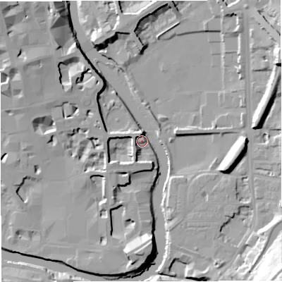Shaded relief map of the ground around BA24AJ, computed from Environment Agency LiDAR. The ground here sits at about 20 m above sea level and falls 31 m across the surrounding 800 m. Surface water reaching this point runs off ground lying to the south, 11.8 m higher.