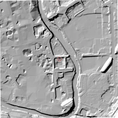 Shaded relief map of the ground around BA24AL, computed from Environment Agency LiDAR. The ground here sits at about 20 m above sea level and falls 20 m across the surrounding 800 m. Surface water reaching this point runs off ground lying to the south, 6.0 m higher.