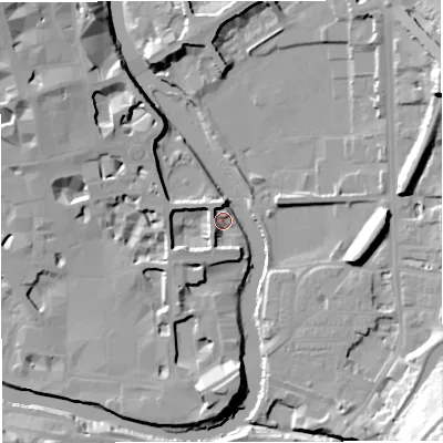Shaded relief map of the ground around BA24AQ, computed from Environment Agency LiDAR. The ground here sits at about 19 m above sea level and falls 33 m across the surrounding 800 m. Surface water reaching this point runs off ground lying to the south-west, 6.0 m higher.