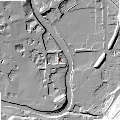 Shaded relief map of the ground around BA24AR, computed from Environment Agency LiDAR. The ground here sits at about 20 m above sea level and falls 35 m across the surrounding 800 m. Surface water reaching this point runs off ground lying to the west-south-west, 6.0 m higher.