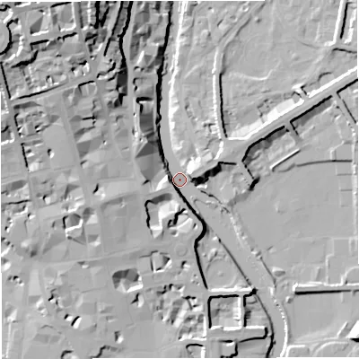 Shaded relief map of the ground around BA24AX, computed from Environment Agency LiDAR. The ground here sits at about 17 m above sea level and falls 38 m across the surrounding 800 m. Surface water reaching this point runs off ground lying to the north-north-west, 37.0 m higher.