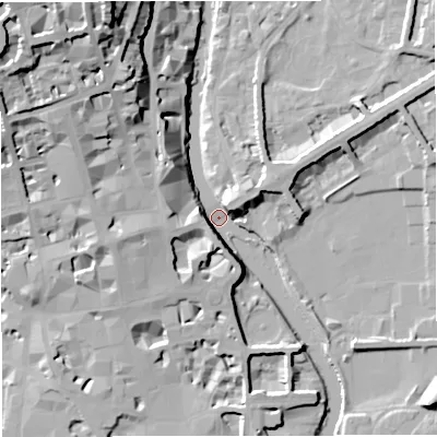 Shaded relief map of the ground around BA24AY, computed from Environment Agency LiDAR. The ground here sits at about 17 m above sea level and falls 37 m across the surrounding 800 m. Surface water reaching this point runs off ground lying to the north-north-west, 35.9 m higher.