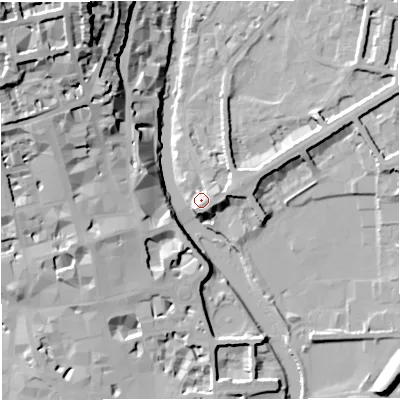 Shaded relief map of the ground around BA24BA, computed from Environment Agency LiDAR. The ground here sits at about 24 m above sea level and falls 41 m across the surrounding 800 m. Surface water reaching this point runs off ground lying to the south-east, 7.0 m higher.