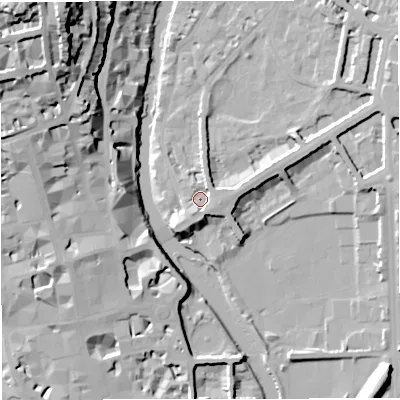 Shaded relief map of the ground around BA24BH, computed from Environment Agency LiDAR. The ground here sits at about 22 m above sea level and falls 44 m across the surrounding 800 m. Surface water reaching this point runs off ground lying to the south-south-west, 3.7 m higher.