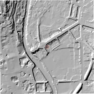 Shaded relief map of the ground around BA24BJ, computed from Environment Agency LiDAR. The ground here sits at about 20 m above sea level and falls 42 m across the surrounding 800 m. Surface water reaching this point runs off ground lying to the west-north-west, 6.9 m higher.