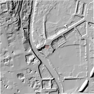 Shaded relief map of the ground around BA24BL, computed from Environment Agency LiDAR. The ground here sits at about 21 m above sea level and falls 40 m across the surrounding 800 m. Surface water reaching this point runs off ground lying to the west, 6.6 m higher.