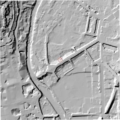 Shaded relief map of the ground around BA24BP, computed from Environment Agency LiDAR. The ground here sits at about 22 m above sea level and falls 45 m across the surrounding 800 m. Surface water reaching this point runs off ground lying to the south-west, 6.1 m higher.