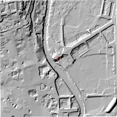 Shaded relief map of the ground around BA24BQ, computed from Environment Agency LiDAR. The ground here sits at about 23 m above sea level and falls 39 m across the surrounding 800 m. Surface water reaching this point runs off ground lying to the west, 6.5 m higher.