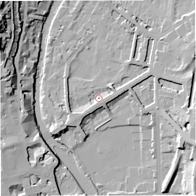 Shaded relief map of the ground around BA24BR, computed from Environment Agency LiDAR. The ground here sits at about 21 m above sea level and falls 41 m across the surrounding 800 m. Surface water reaching this point runs off ground lying to the south-west, 6.1 m higher.