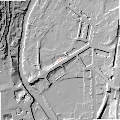 Shaded relief map of the ground around BA24BS, computed from Environment Agency LiDAR. The ground here sits at about 21 m above sea level and falls 34 m across the surrounding 800 m. Surface water reaching this point runs off ground lying to the south-west, 6.1 m higher.
