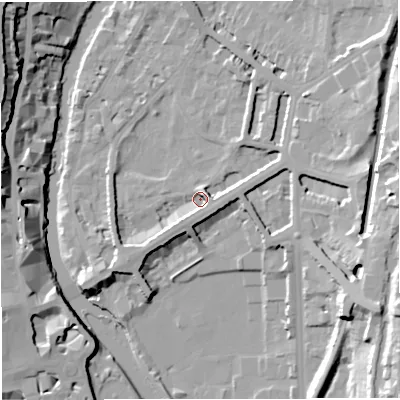 Shaded relief map of the ground around BA24BT, computed from Environment Agency LiDAR. The ground here sits at about 20 m above sea level and falls 27 m across the surrounding 800 m. Surface water reaching this point runs off ground lying to the east-north-east, 5.6 m higher.