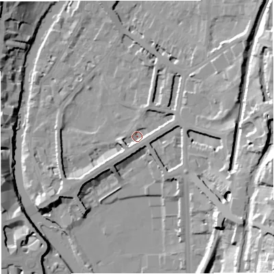 Shaded relief map of the ground around BA24BU, computed from Environment Agency LiDAR. The ground here sits at about 21 m above sea level and falls 36 m across the surrounding 800 m. Surface water reaching this point runs off ground lying to the east-north-east, 5.6 m higher.