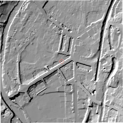 Shaded relief map of the ground around BA24BX, computed from Environment Agency LiDAR. The ground here sits at about 22 m above sea level and falls 39 m across the surrounding 800 m. Surface water reaching this point runs off ground lying to the east-north-east, 4.1 m higher.