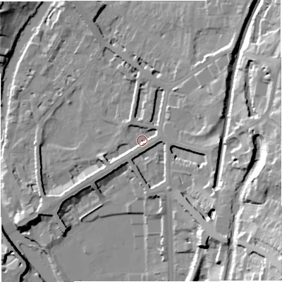 Shaded relief map of the ground around BA24BY, computed from Environment Agency LiDAR. The ground here sits at about 23 m above sea level and falls 41 m across the surrounding 800 m. Surface water reaching this point runs off ground lying to the east, 3.7 m higher.