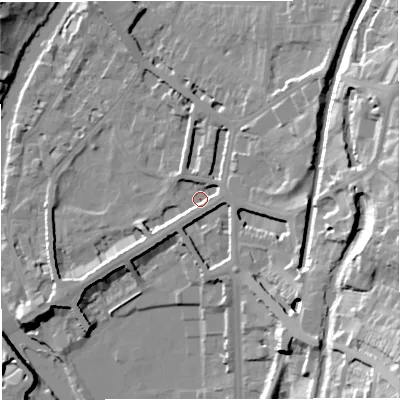 Shaded relief map of the ground around BA24BZ, computed from Environment Agency LiDAR. The ground here sits at about 22 m above sea level and falls 43 m across the surrounding 800 m. Surface water reaching this point runs off ground lying to the east, 3.7 m higher.
